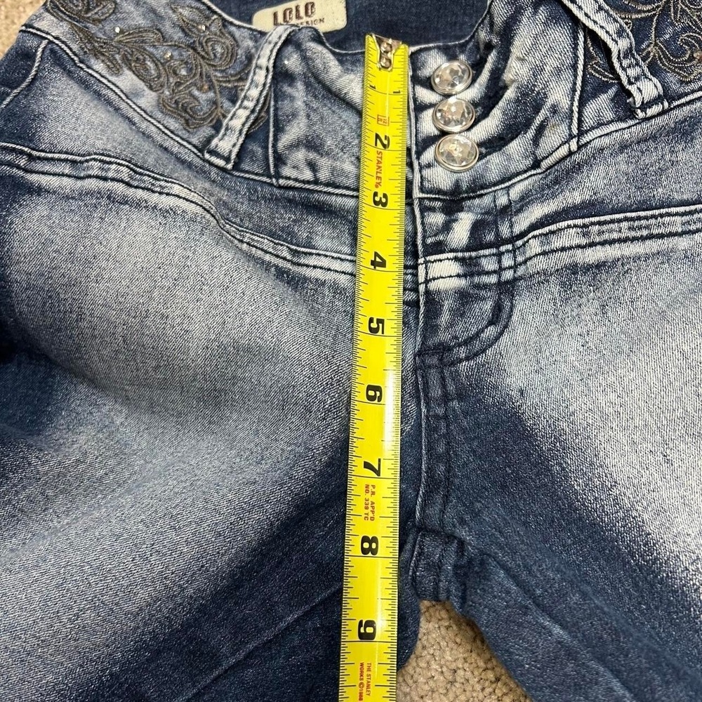 Y2K Low Rise Embellished Faded Denim Skinny Leg Capris Rhinestones Womens 3/4 - Picture 7 of 8